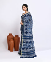 Indigo Pure Dabu Floral Motif Handblock Printed  Sico Chanderi Saree
